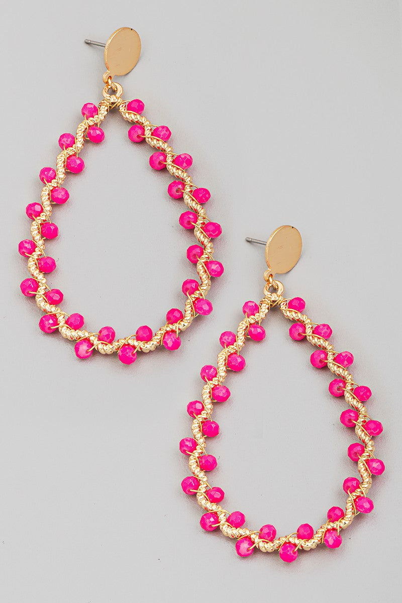 Beaded Twisted Teardrop Earrings - HOT PINK