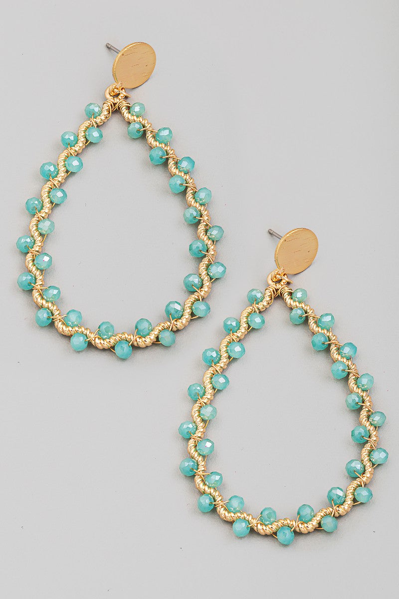 Beaded Twisted Teardrop Earrings - AQUA