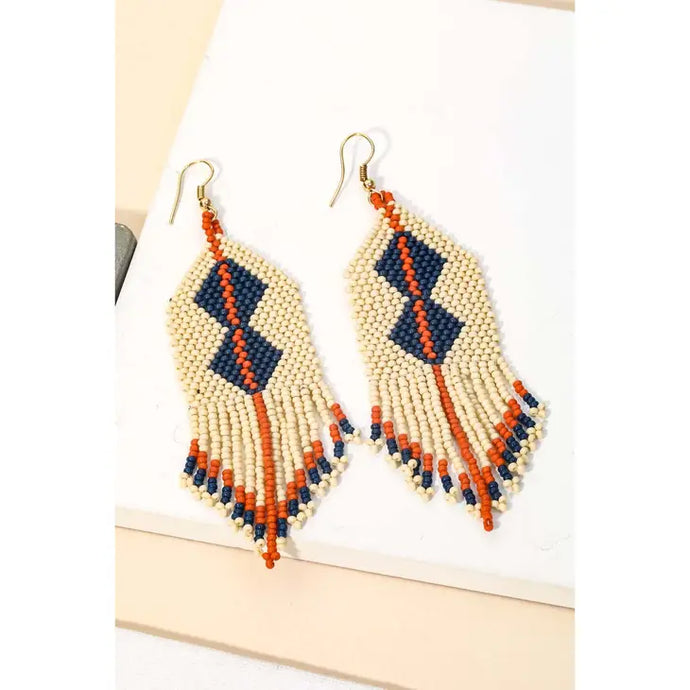 BOHO Beaded Fringe Earrings -NAVY | CREAM