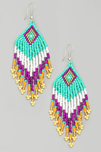 Multi Color Boho Beaded Fringe Earrings - GREEN