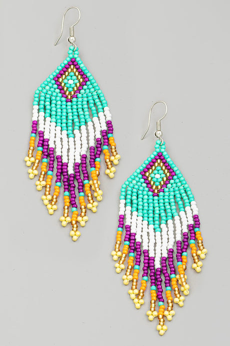 Multi Color Boho Beaded Fringe Earrings - GREEN