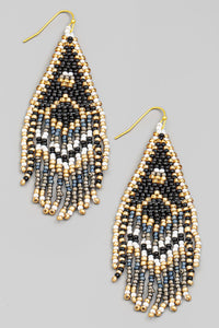 Beaded Triangle Fringe Earrings - BLACK