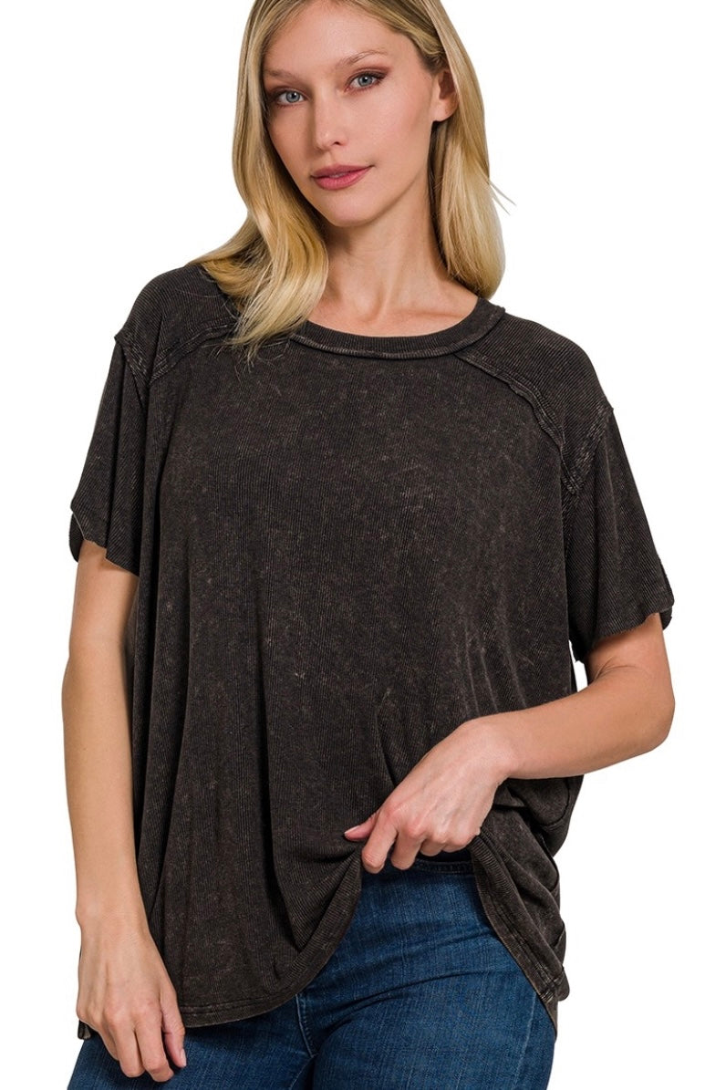 Washed Ribbed Short Sleeve Top - Ash Black