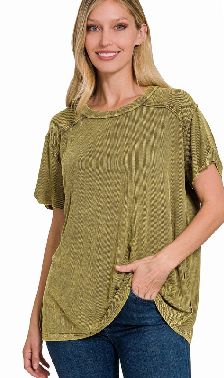 Washed Ribbed Short Sleeve Top -Olive