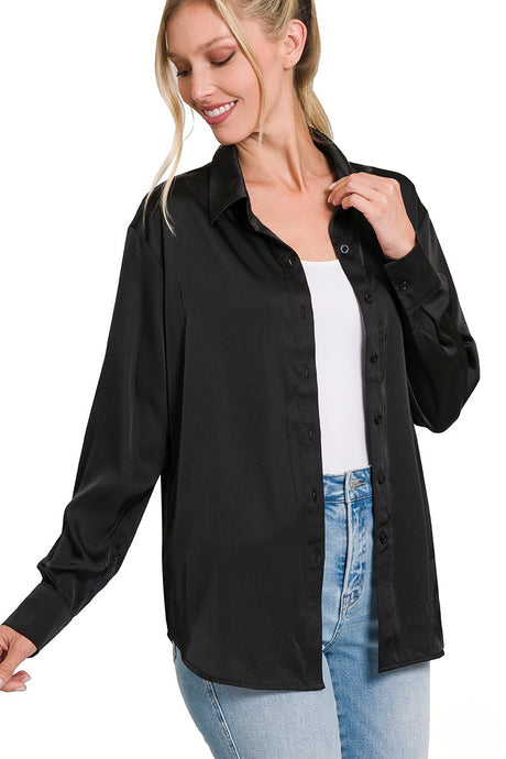 Adore Satin Button Up Front Blouse - Black