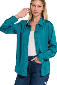 Adore Satin Button Up Front Blouse - Teal