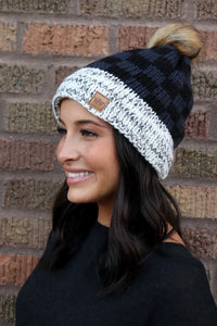 The Panache Blue Plaid Knit Pom Beanie