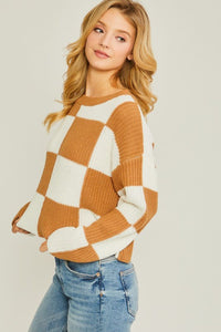 Camel Checkered Sweater Top