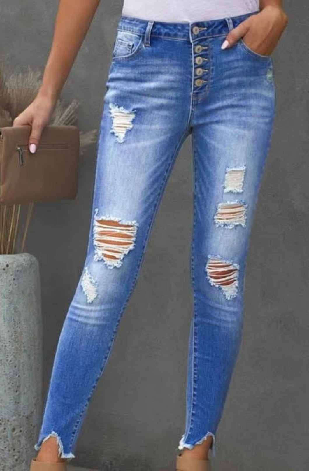 Archie Button High Waist Distressed Denim Jeans