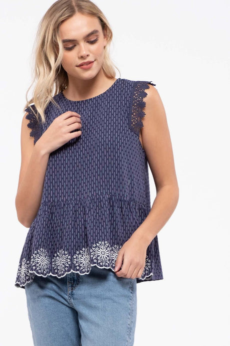 Ivy Embroidered Sleeveless Peplum Top-Navy