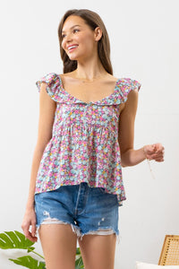 Helina Floral Print Babydoll Blouse-Pink Multi