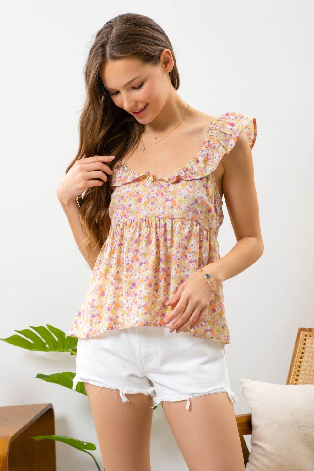 Helina Floral Print Babydoll Blouse-Orange Multi