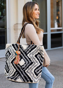 Along For The Ride Woven Tote-Black/Cream