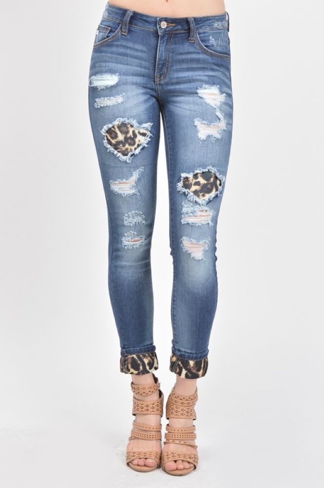 Kan Can Mid Rise Leopard Patch Ankle Skinny