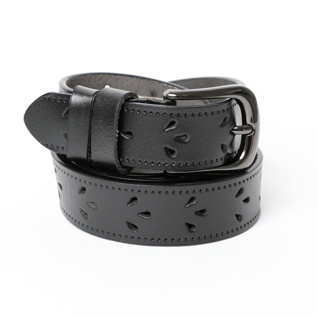 Petal Punch Out Leather Belt-Black