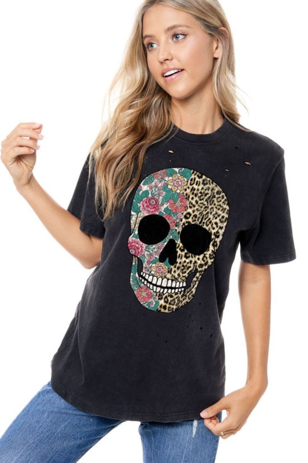 Floral & Leopard Skull Graphic Tee