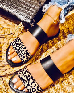 Casual Black Leopard Two Band Sandals