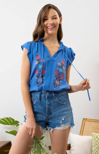 Rosie Floral Embroidered Top-Cobalt