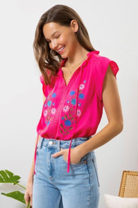 Rosie Floral Embroidered Top-Fushia