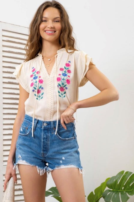 Rosie Floral Embroidered Top-Cream